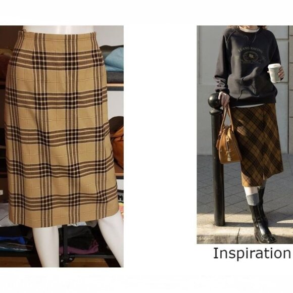 LAST CHANCE Vintage beige plaid virgin wool midi skirt medium - Picture 1 of 10
